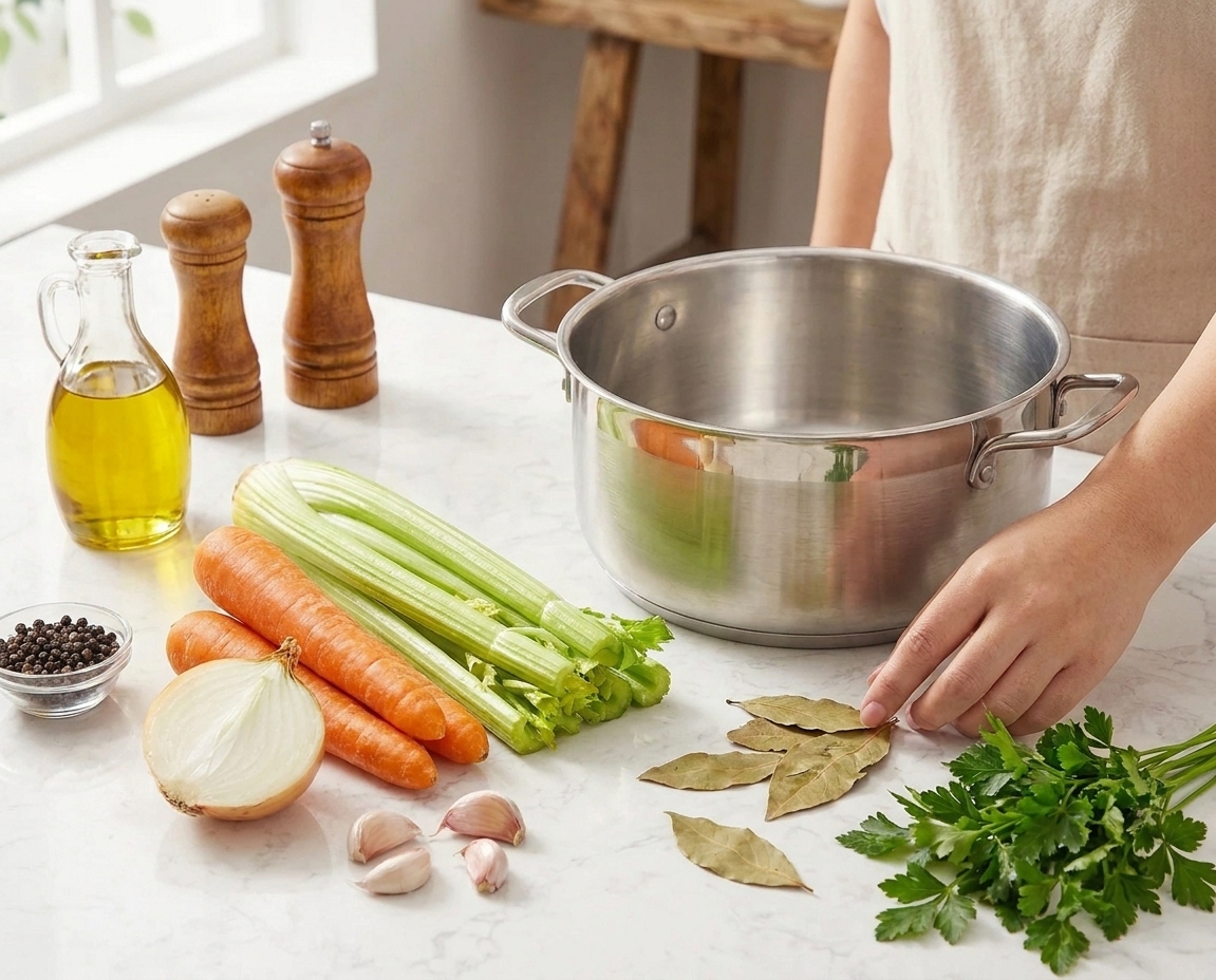 Carrots, celery, onion, garlic, parsley, bay leaves, peppercorns, and olive oil arranged on a light kitchen counter next to a large soup pot