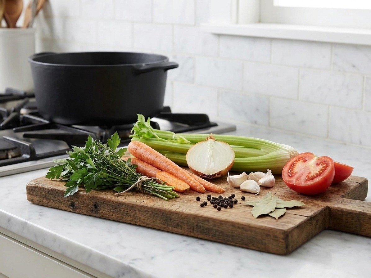 Carrots, celery, onion, garlic, parsley, thyme, bay leaves, black peppercorns, and a halved tomato arranged on a wooden cutting board on a bright kitchen counter