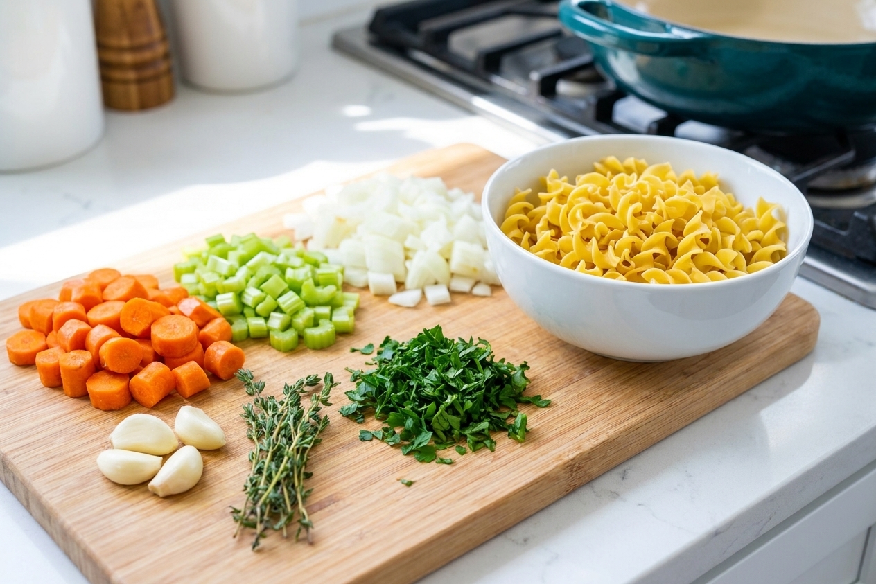 Carrots, celery, onion, garlic, thyme, and parsley arranged on a cutting board beside a bowl of egg noodles on a bright kitchen counter