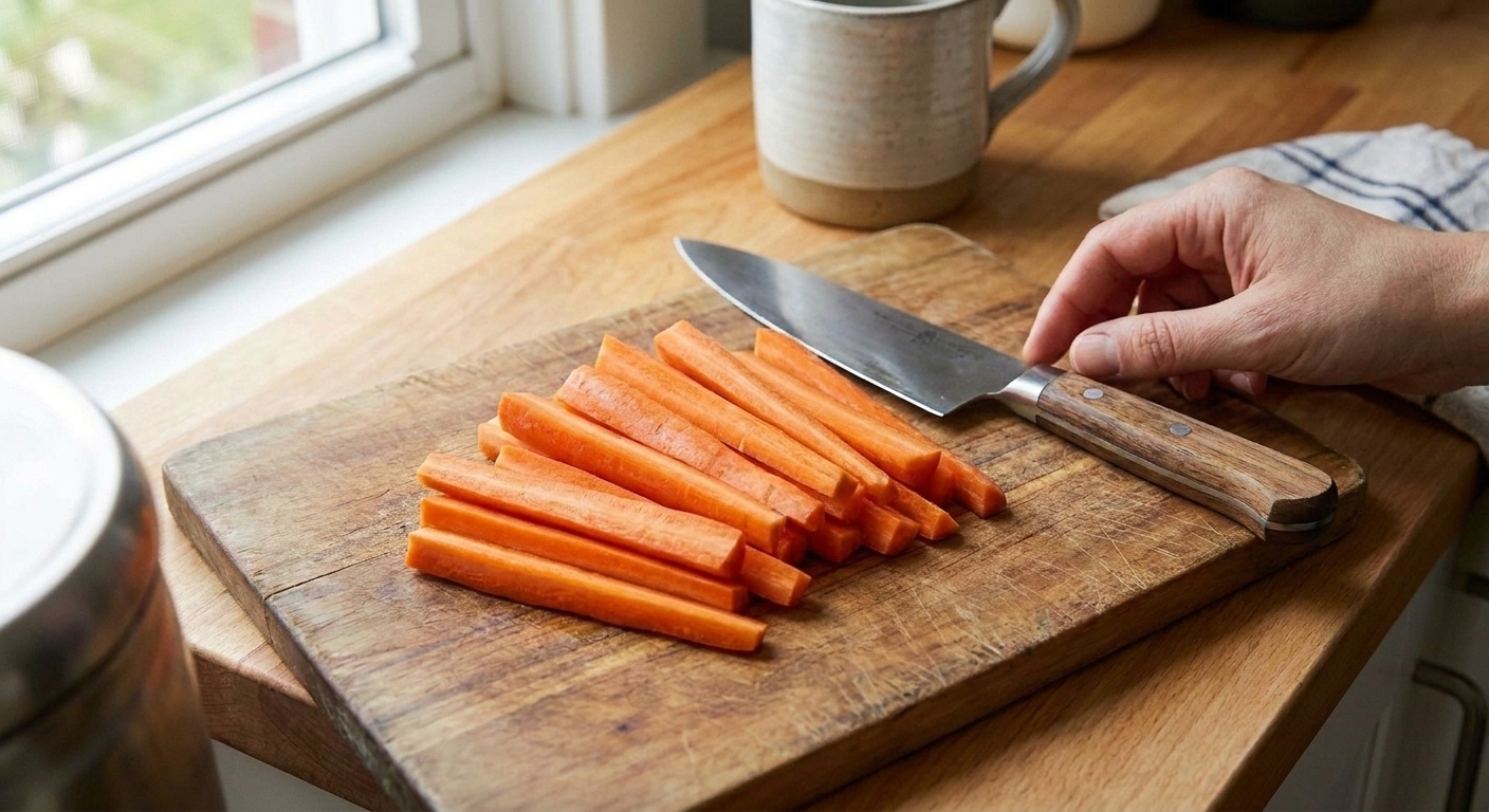 Carrots cut into evenly sized sticks on a wooden cutting board with a chef’s knife beside them