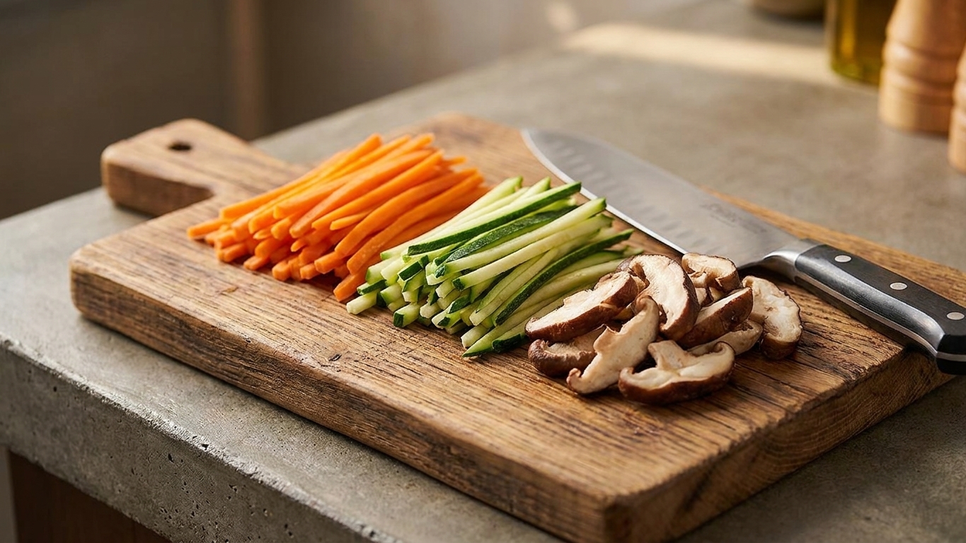 Carrots cut into matchsticks, sliced mushrooms, and zucchini matchsticks prepped on a wooden cutting board beside a chef's knife
