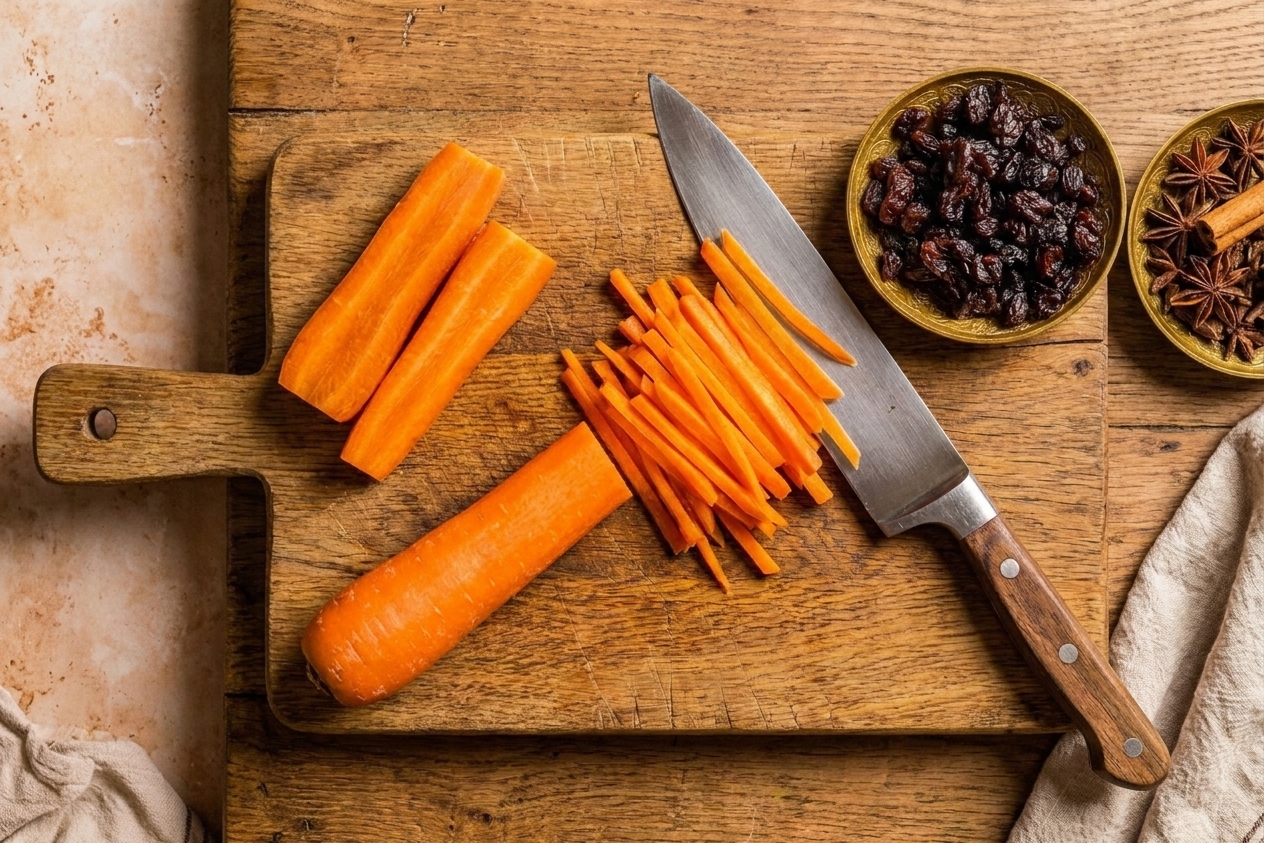 Carrots cut into thin matchsticks on a wooden cutting board beside a knife, with a small bowl of raisins nearby