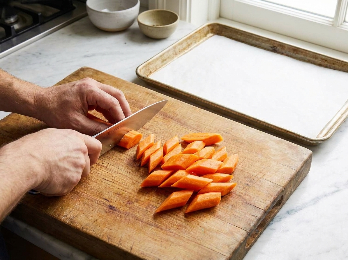 Carrots cut on a diagonal into evenly sized pieces on a cutting board, with a sheet pan lined with parchment in the background