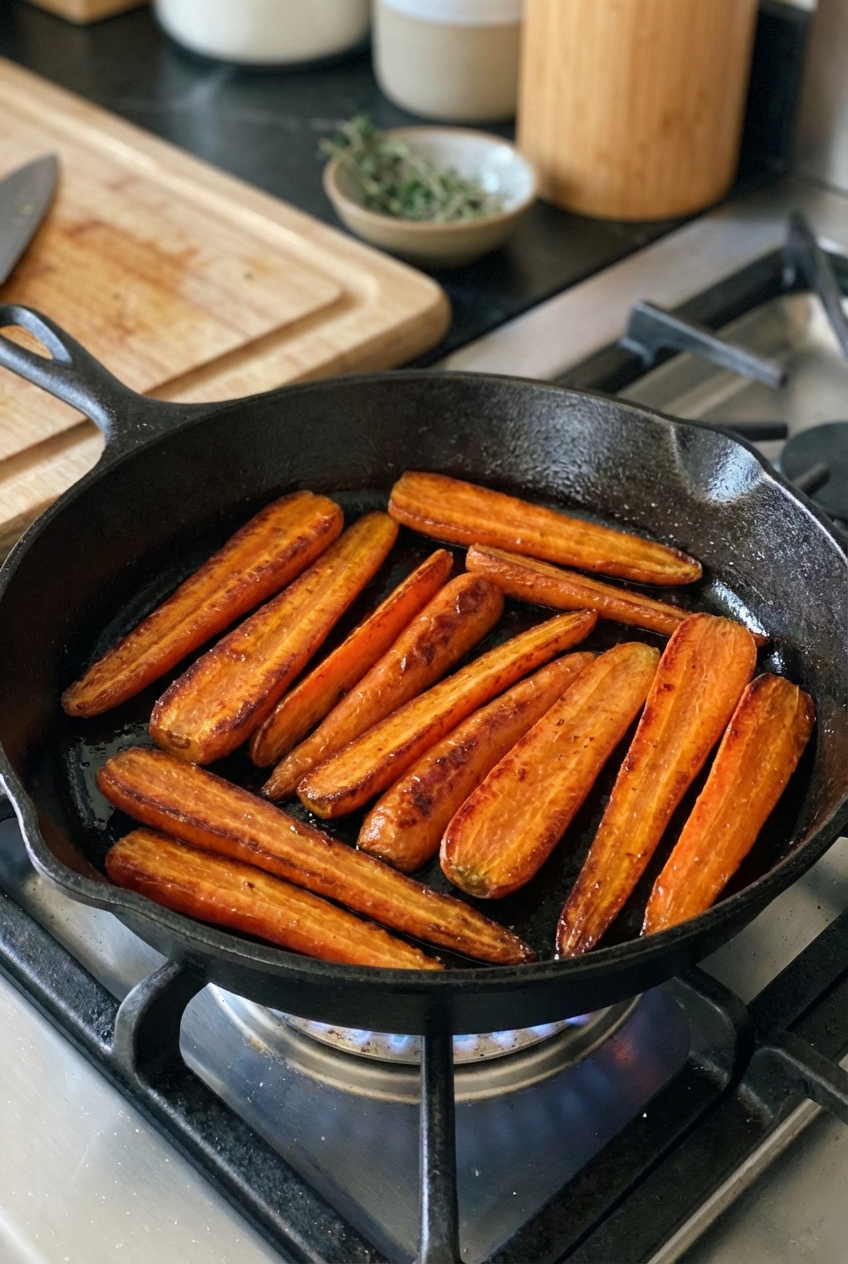 Carrots halved lengthwise browning in a skillet with a light sheen of oil