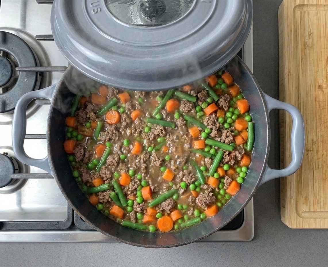 Carrots, peas, and green beans simmering with browned beef in a covered skillet, steam rising