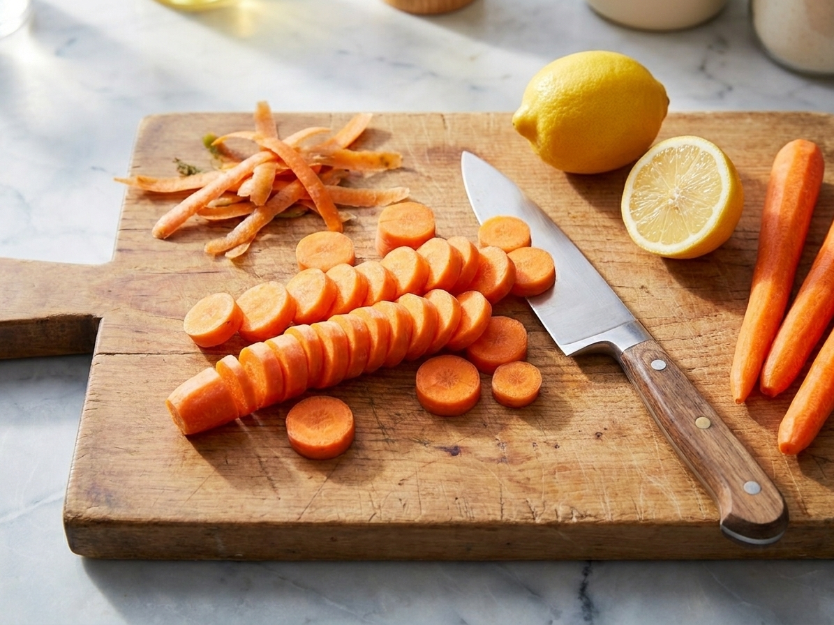 Carrots peeled and sliced into even coins on a wooden cutting board with a chef's knife and lemon nearby