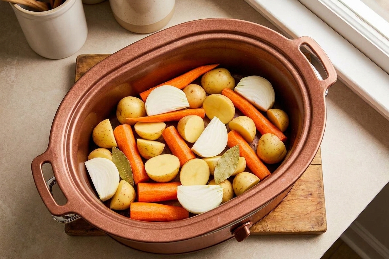 Carrots, potato chunks, and sliced onions layered in the bottom of a slow cooker insert on a kitchen counter