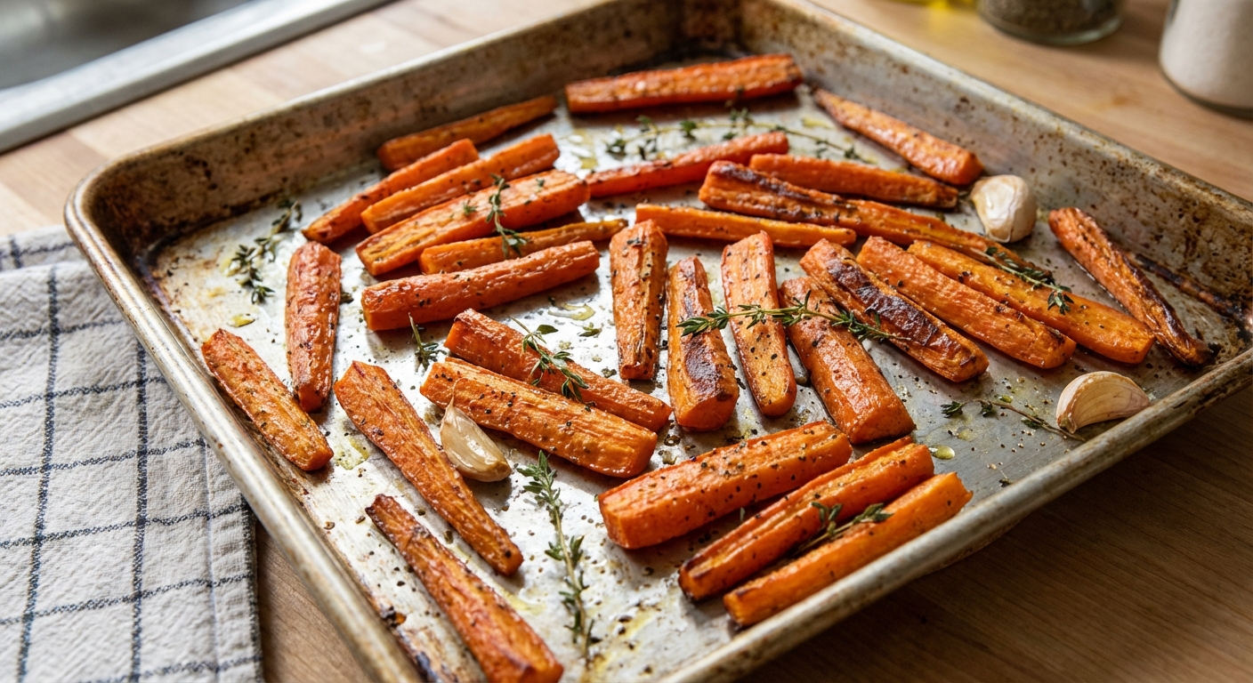 Carrots roasting on a sheet pan with browned edges and scattered thyme