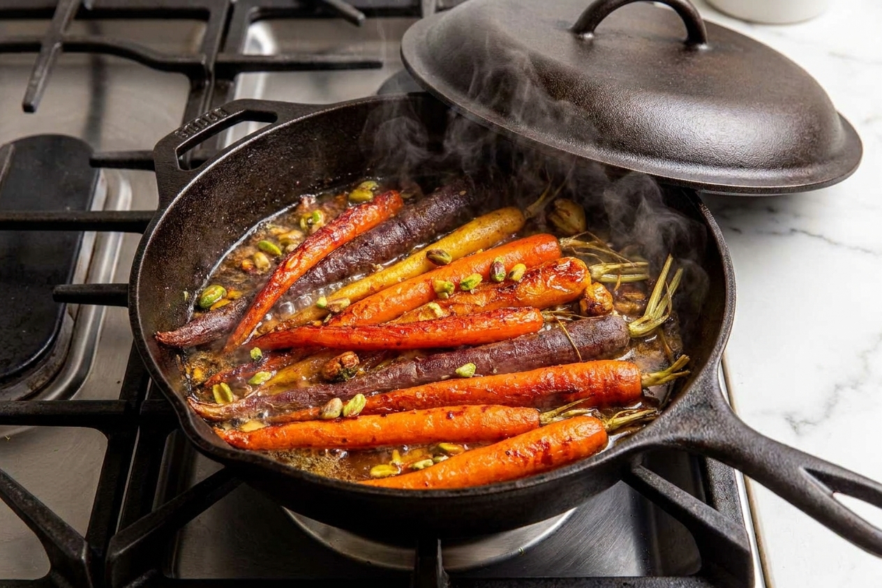 Carrots simmering in a skillet with a lid slightly ajar on a stovetop
