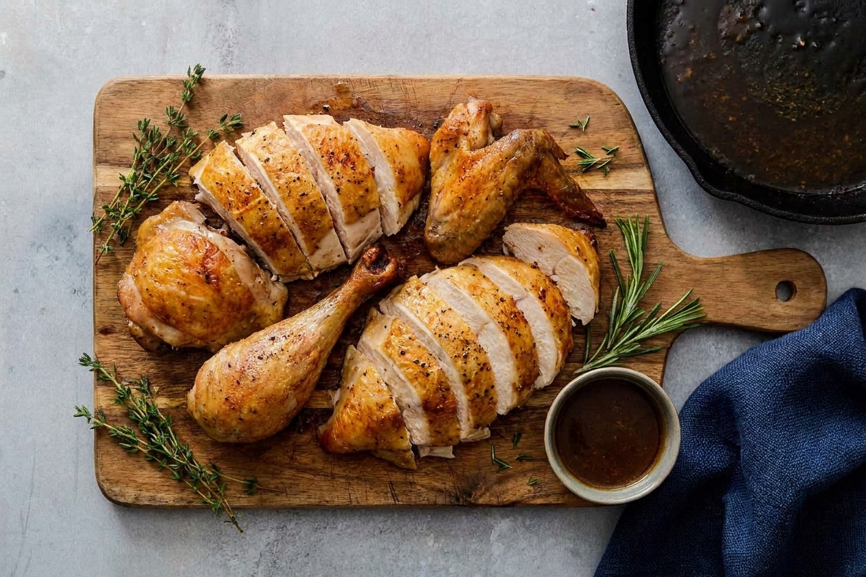 Carved roast chicken pieces arranged on a wooden cutting board with herbs and pan juices nearby on a kitchen counter