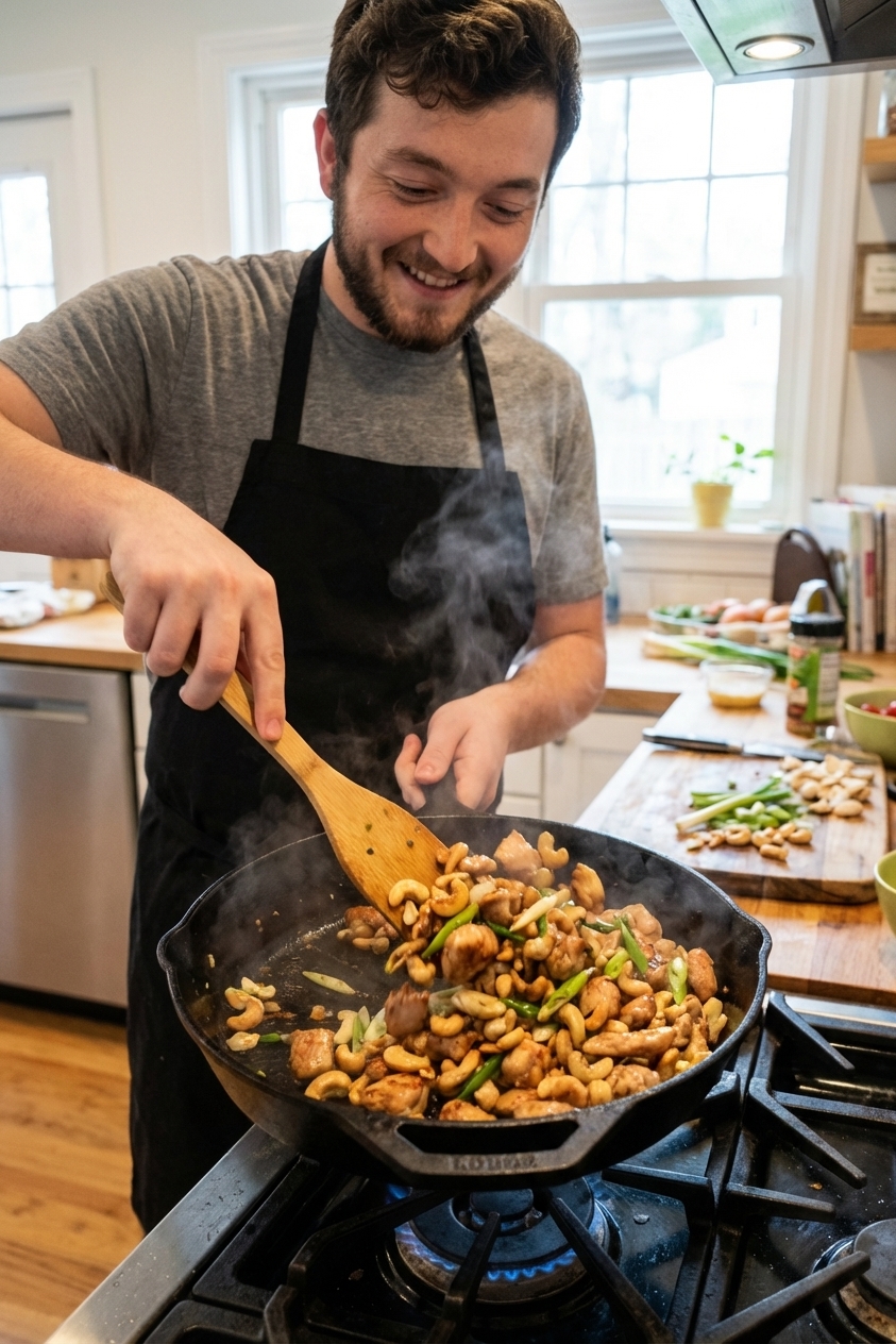 Cashew chicken stir fry cooking in a large black skillet with browned chicken pieces, toasted cashews, and sliced green onions being tossed with a wooden spatula, photorealistic kitchen action shot