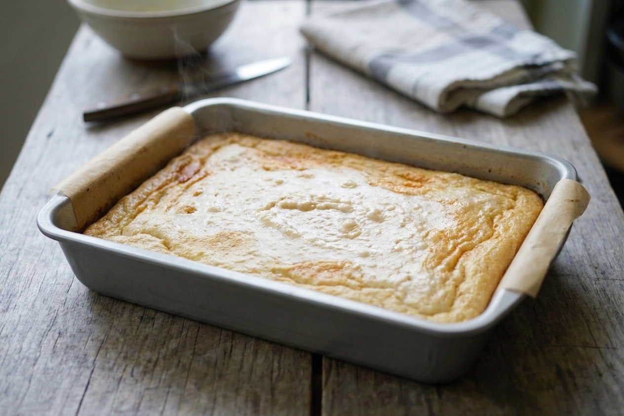 Cassava cake in a baking pan with a lightly browned coconut custard top fresh from the oven