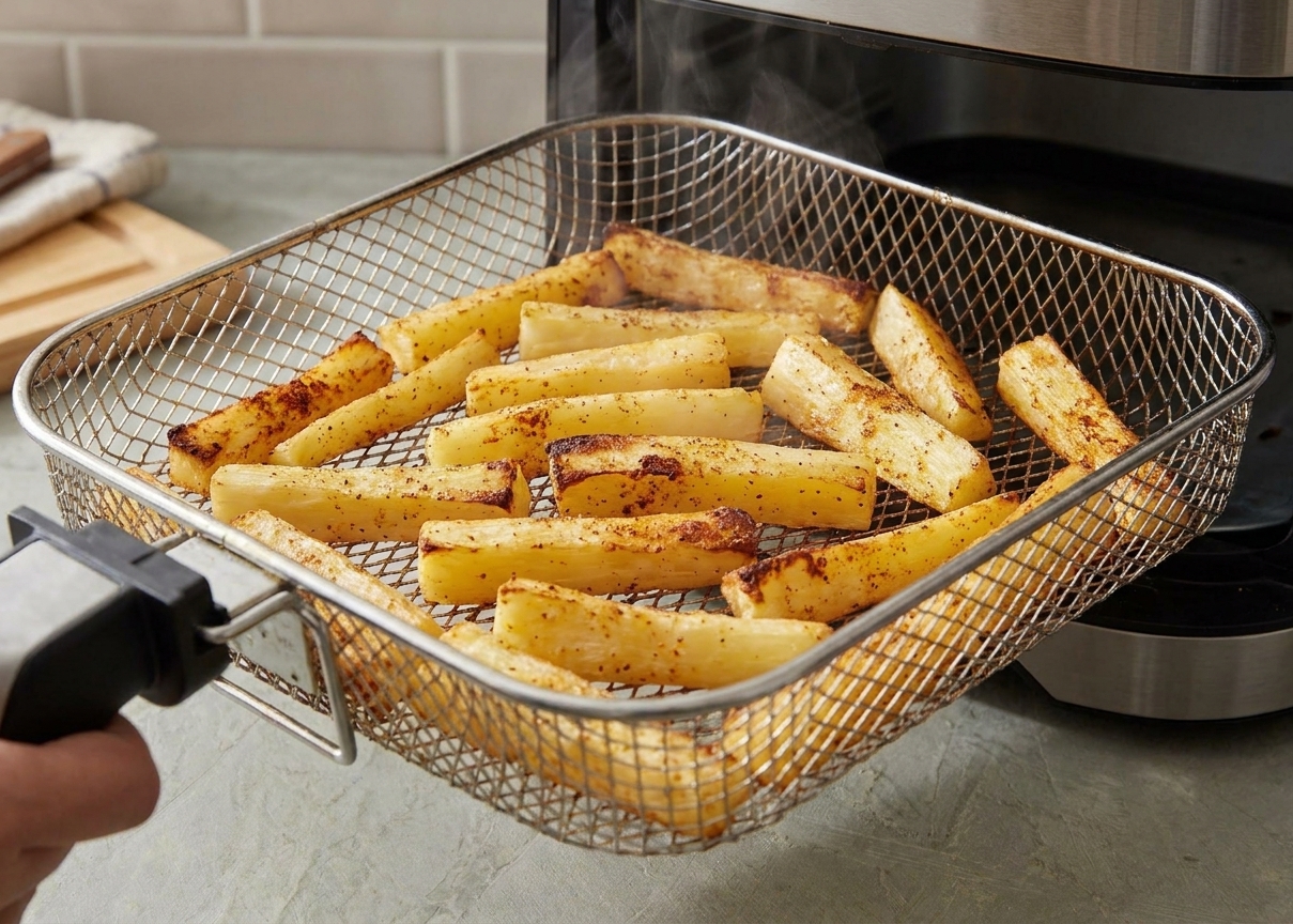 Cassava fries cooking in an air fryer basket with browned edges starting to form