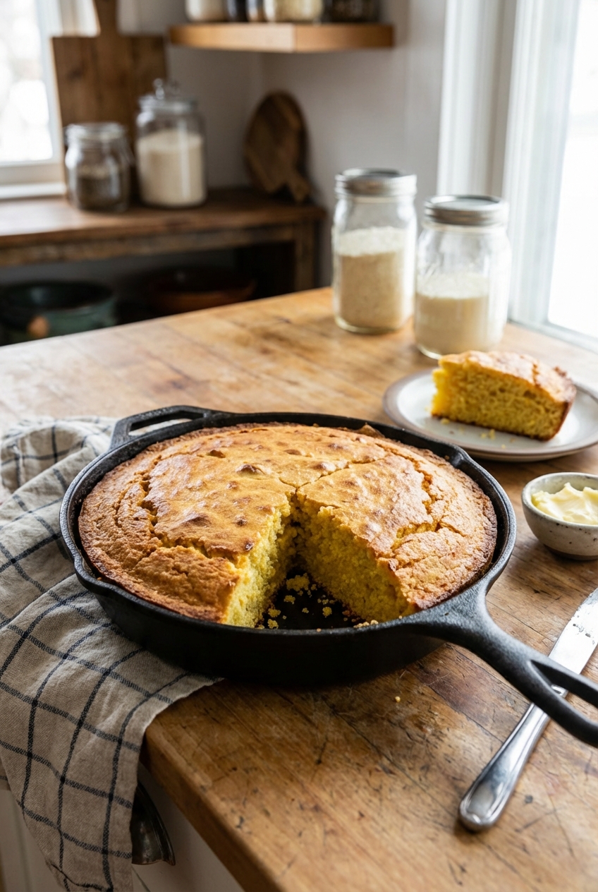 Cast iron skillet cornbread with a golden top and a slice removed