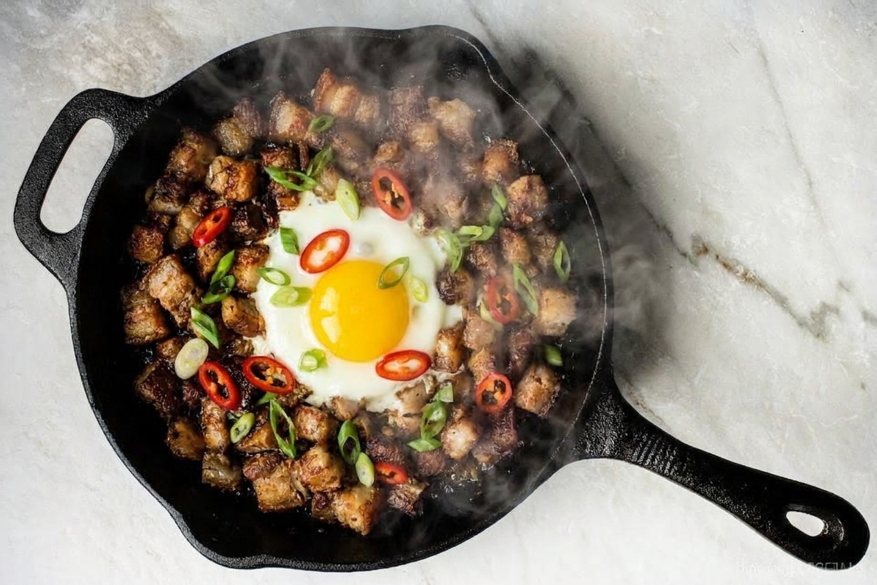 Cast iron skillet of pork sisig topped with a sunny-side egg, sliced chiles, and scallions, steam rising on a kitchen counter