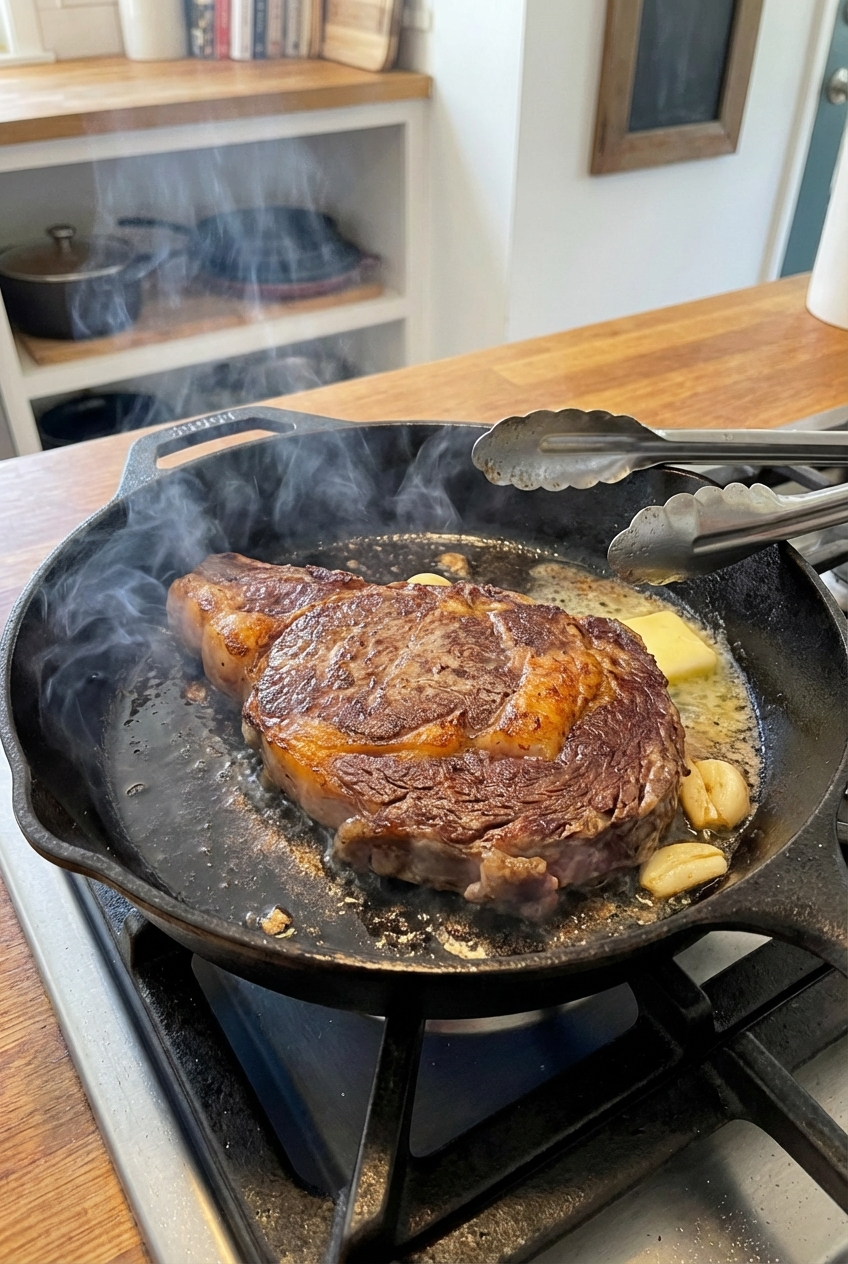 Cast iron skillet with a steak searing and a browned crust forming, with tongs resting on the skillet edge