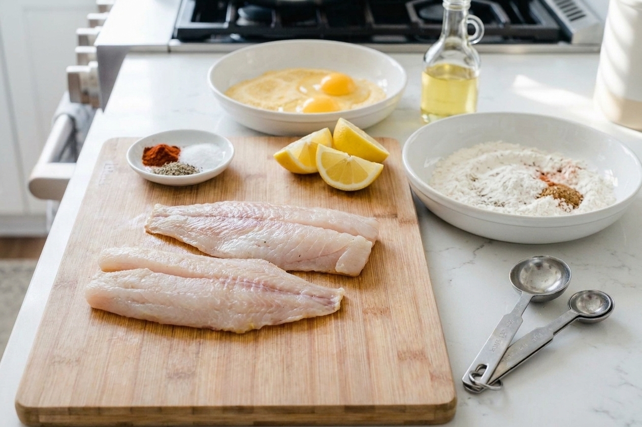 Catfish fillets, cornmeal, flour, spices, eggs, lemon, and oil arranged on a clean kitchen counter in natural light