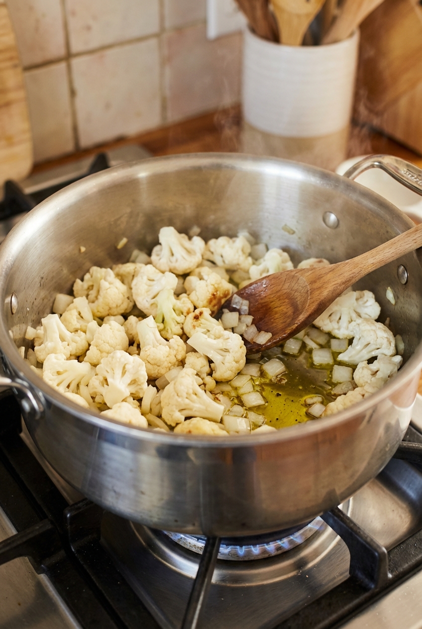 Cauliflower florets and chopped onion sautéing in a pot on a stovetop