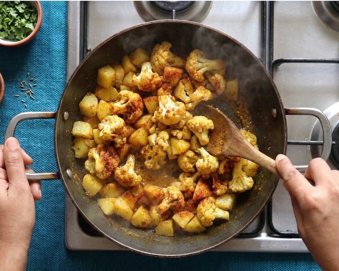 Cauliflower florets browning in a hot skillet with golden edges forming, photographed over a stovetop