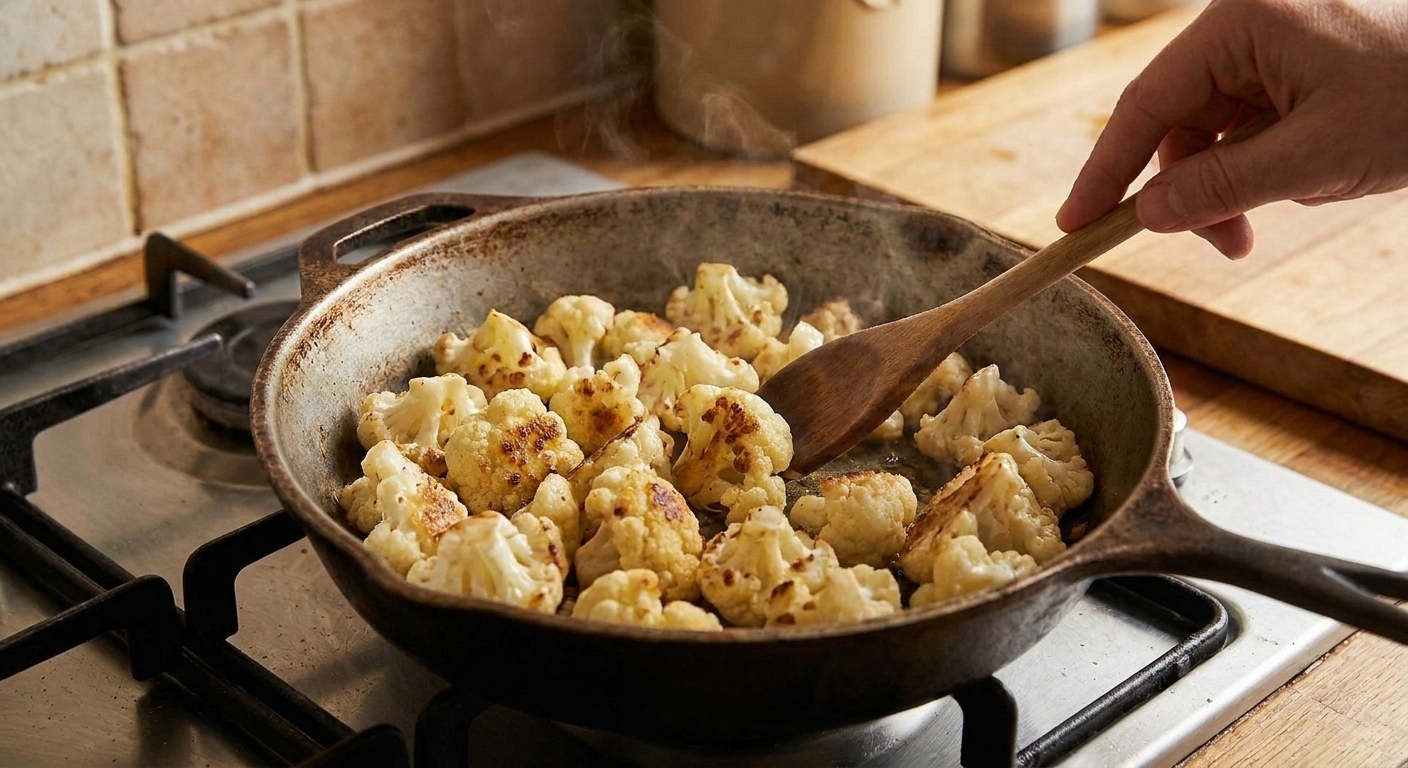 Cauliflower florets browning in a wide skillet with golden edges forming