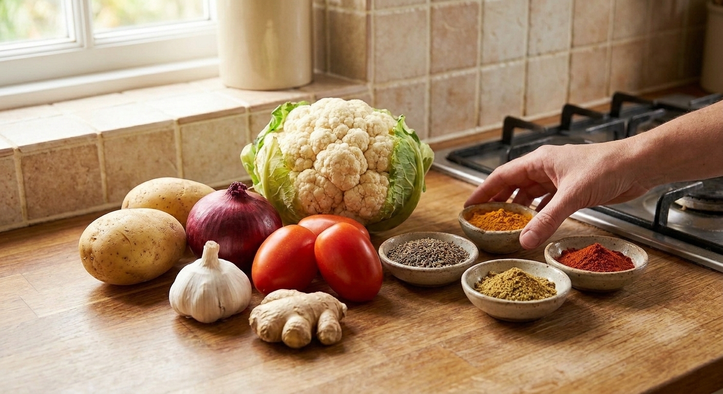 Cauliflower, potatoes, onion, tomatoes, garlic, ginger, and small bowls of spices arranged on a bright kitchen counter