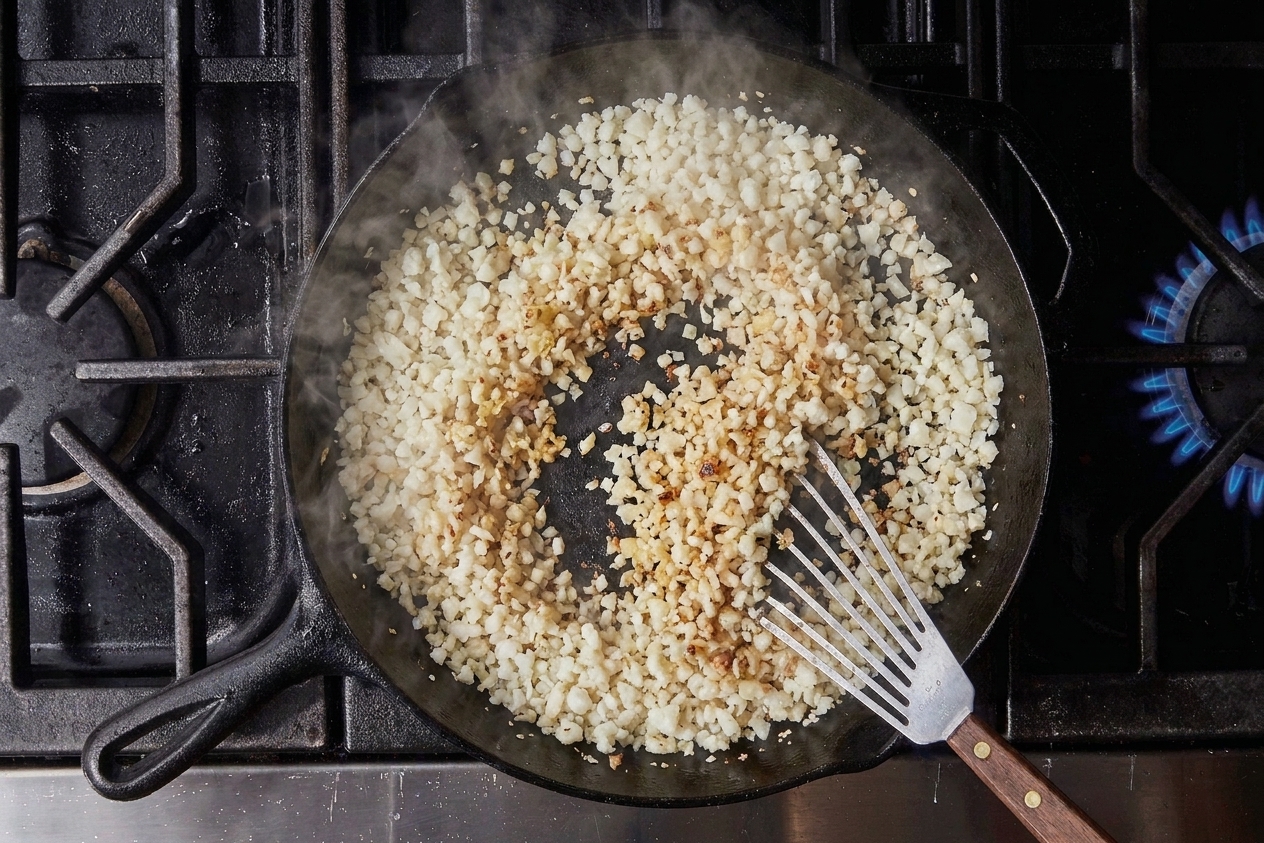 Cauliflower rice being sautéed in a skillet on a stovetop, with steam rising and a spatula turning it