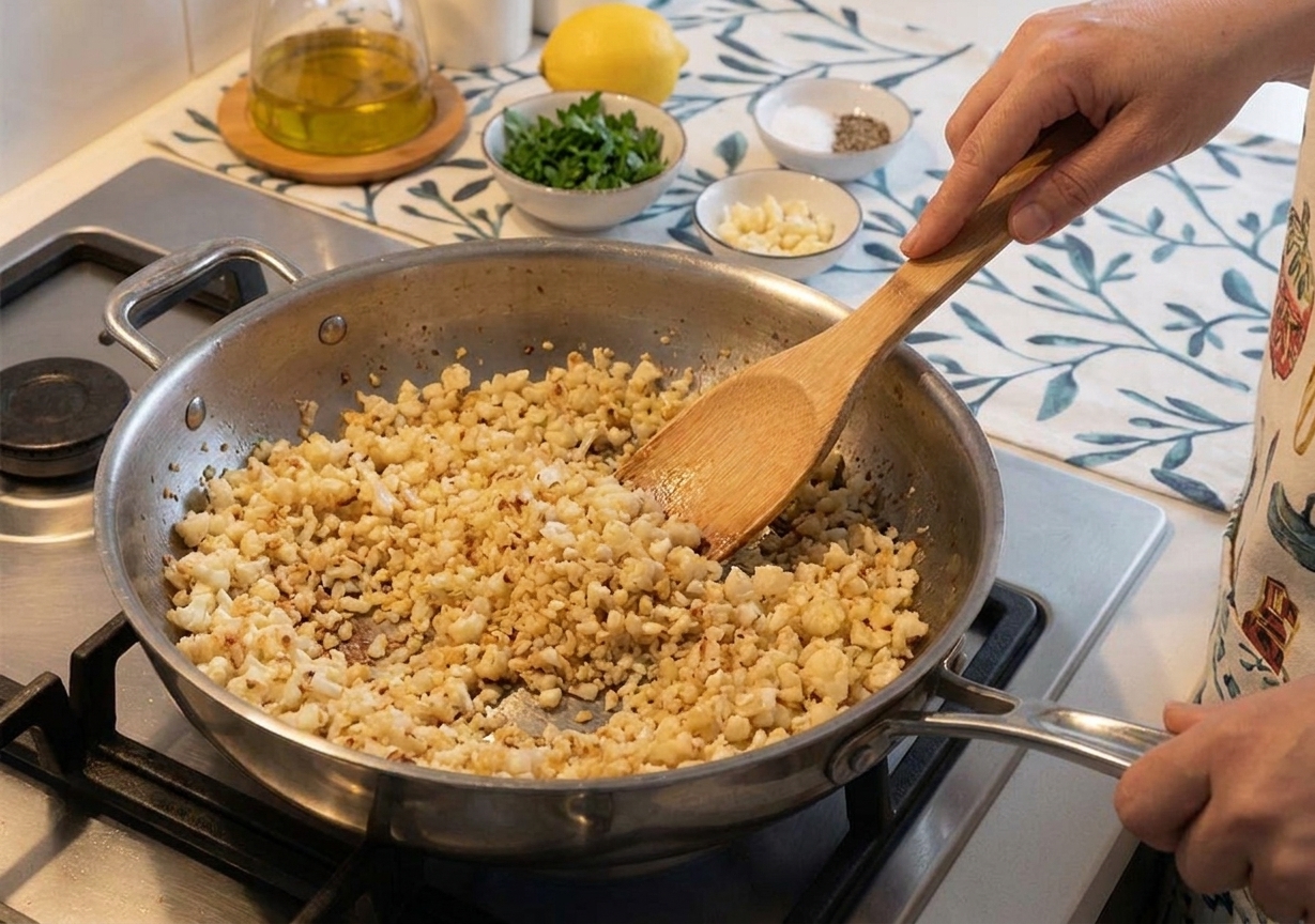 Cauliflower rice being sauteed in a pan on the stove until lightly toasted
