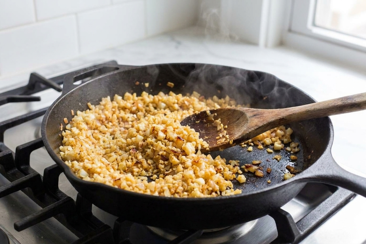Cauliflower rice being stirred in a skillet with a wooden spoon on a stovetop, steam rising