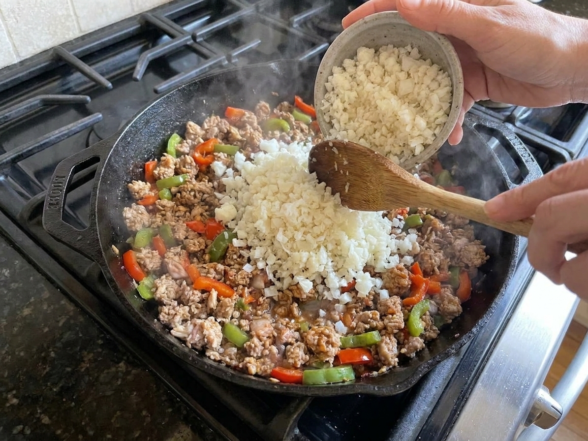 Cauliflower rice being stirred into a hot skillet with browned turkey and sautéed peppers on a stovetop