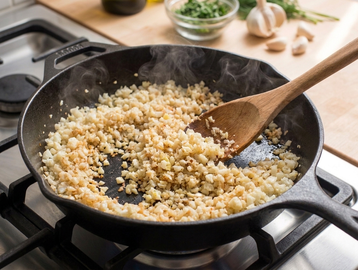 Cauliflower rice sautéing with minced garlic, steam rising in warm kitchen light