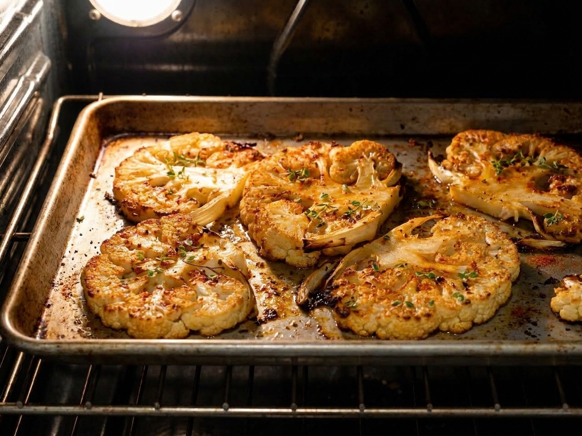 Cauliflower steaks roasting on a sheet pan, edges caramelizing as they cook