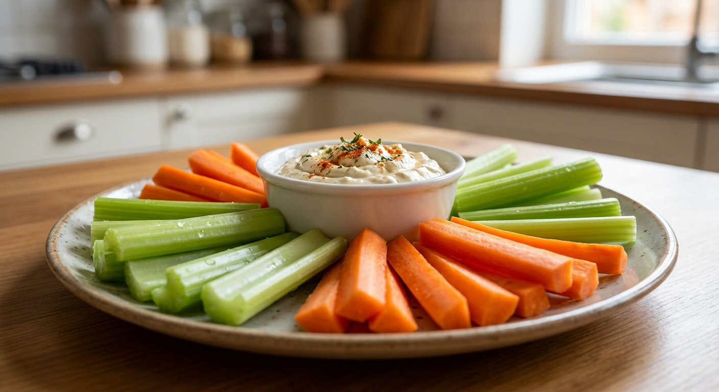 Celery and carrot sticks arranged on a plate with a small bowl of creamy dip