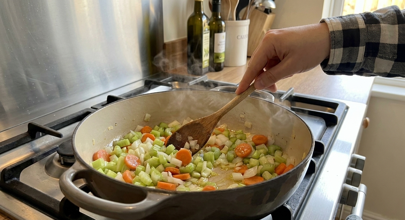 Celery, onion, and carrots sweating in a heavy pot on a stovetop while being stirred with a wooden spoon