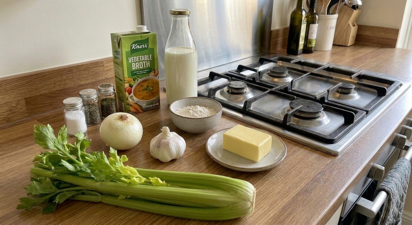 Celery, onion, garlic, butter, flour, broth, milk lined up on a kitchen counter, ready for soup prep