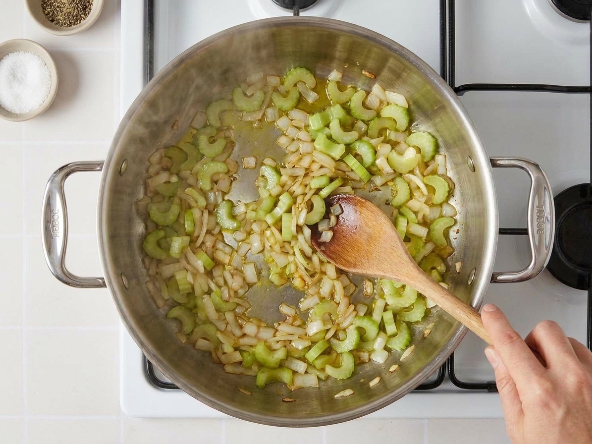 Celery slices softening in a pot with onions, shown mid-stir with steam rising