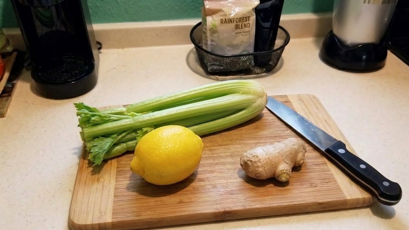 Celery stalks, a lemon, and a knob of fresh ginger arranged on a wooden cutting board on a home kitchen counter