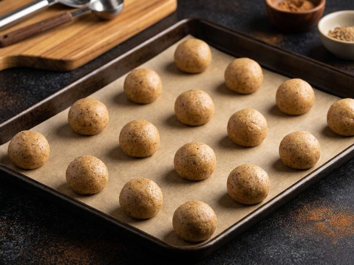Chai-spiced cookie dough balls spaced on a parchment-lined baking sheet on a kitchen counter
