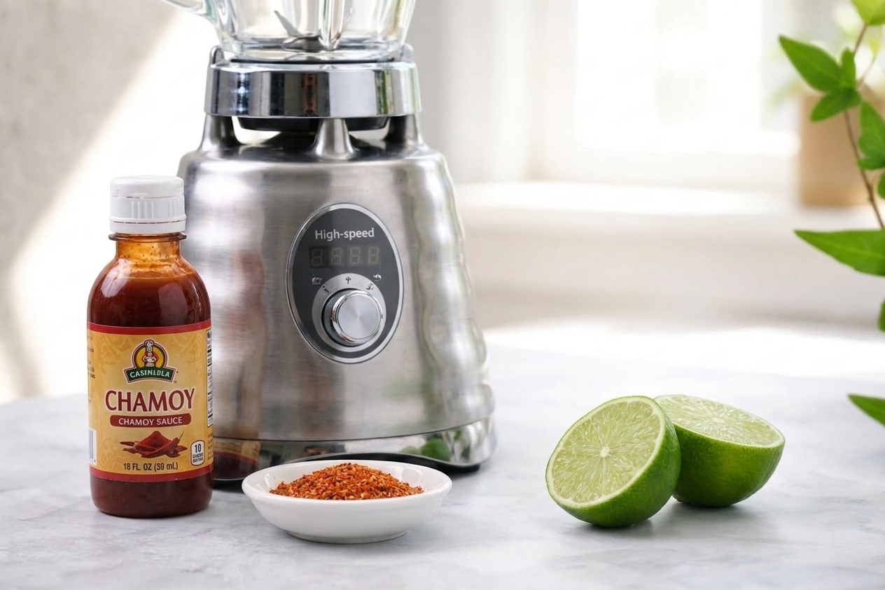Chamoy sauce, Tajín chili-lime seasoning, and a halved lime arranged next to a blender on a bright kitchen counter