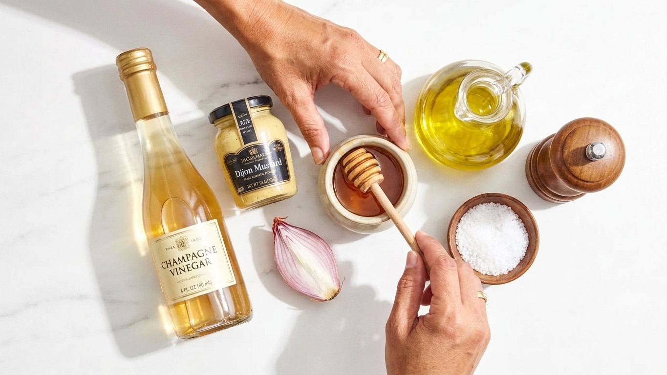 Champagne vinegar, Dijon mustard, a halved shallot, honey, olive oil, salt, and pepper arranged on a clean kitchen counter