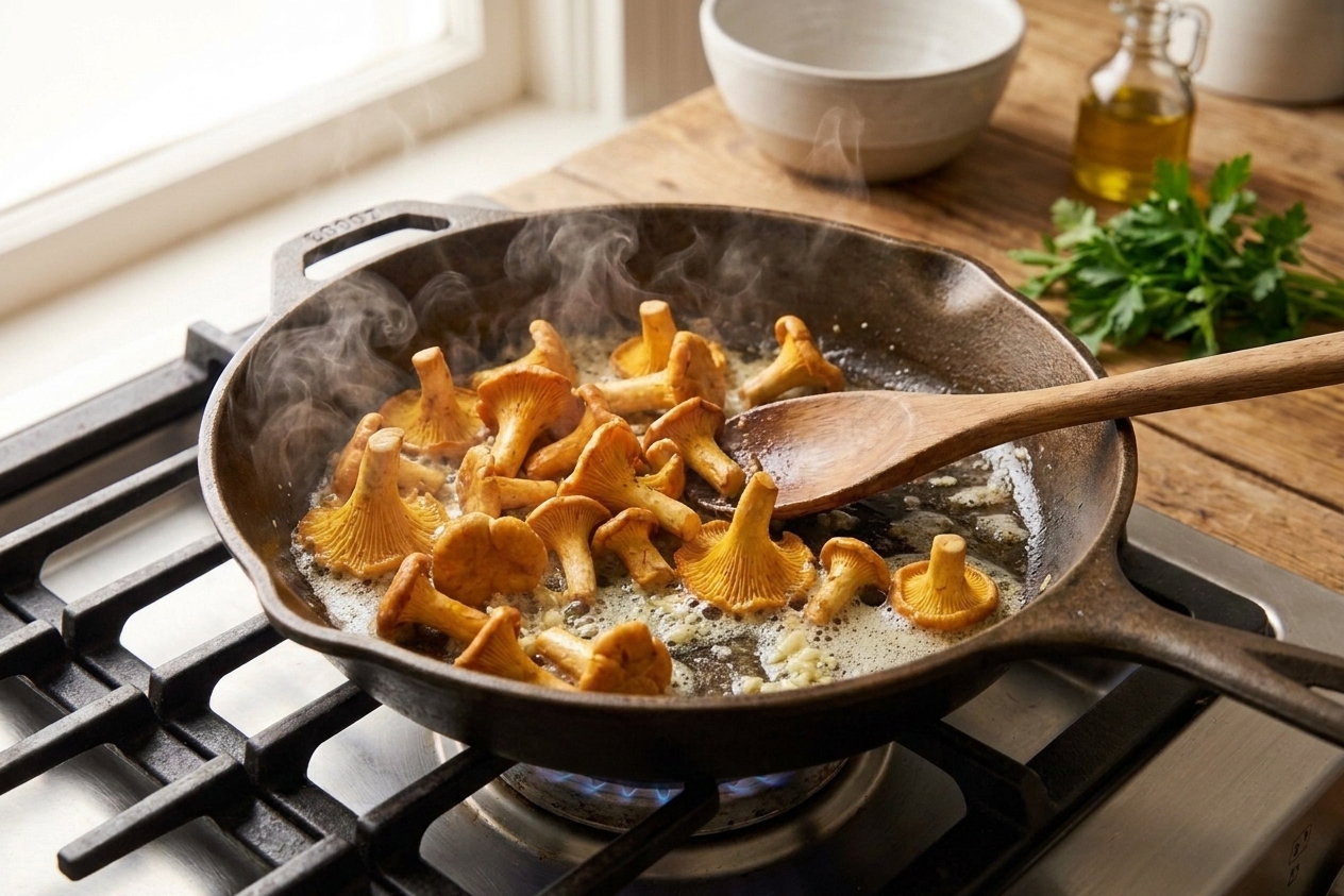 Chanterelle mushrooms sautéing in a wide skillet with butter and garlic on a home stove, steam rising in warm kitchen light