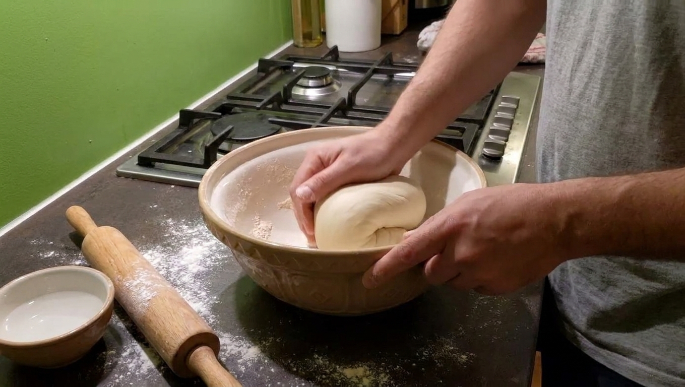 Chapati dough being kneaded in a mixing bowl on a kitchen counter until smooth