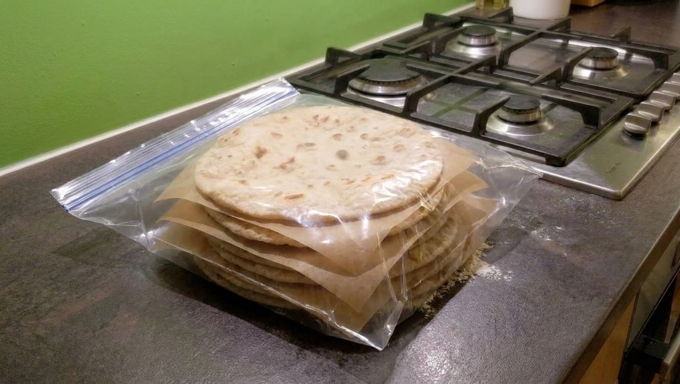 Chapatis stacked with parchment paper between them inside a resealable freezer bag on a kitchen counter