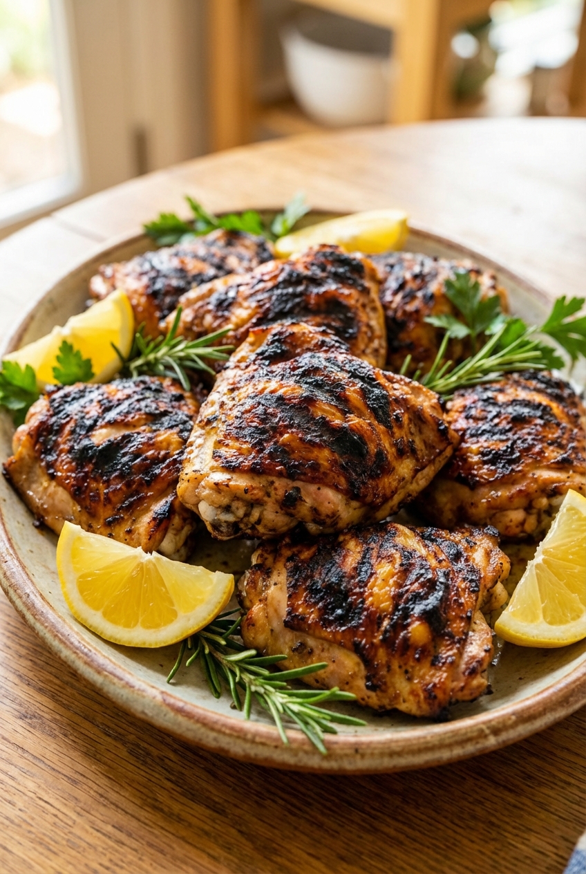 Charred grilled chicken thighs on a platter with lemon wedges