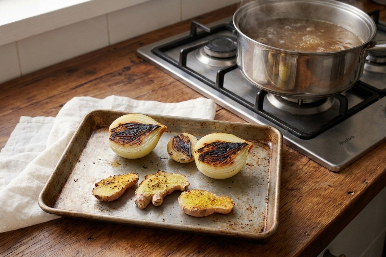 Charred onion halves and split ginger on a metal tray near a stovetop, ready to add to a pot of pho broth