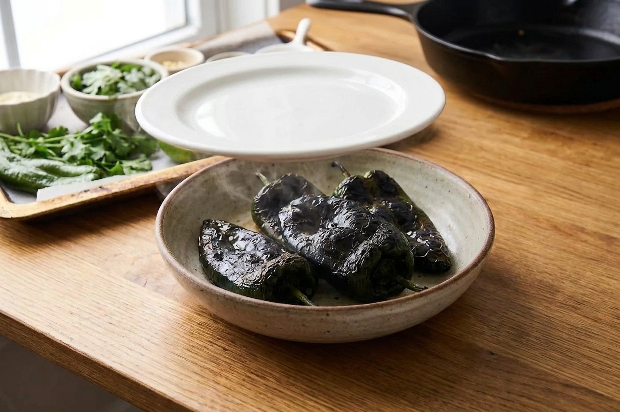Charred roasted poblano peppers resting in a bowl covered with a plate to steam on a kitchen counter