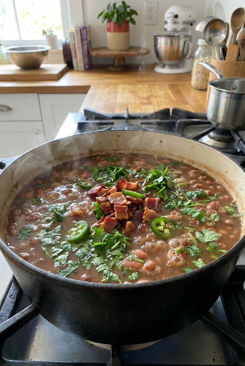 Charro beans simmering in a pot with bacon and cilantro