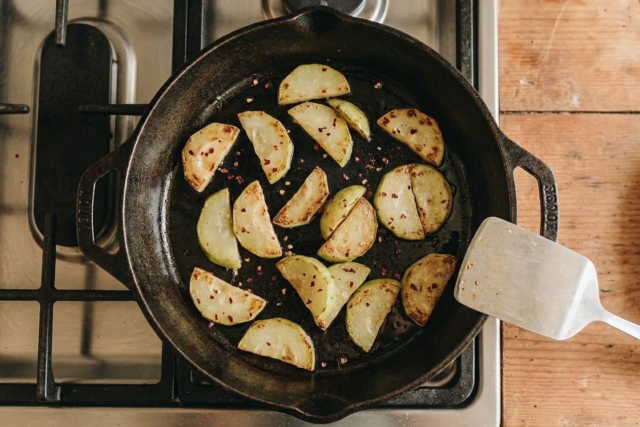 Chayote half-moon slices sautéing in a large skillet with lightly browned edges on a stovetop