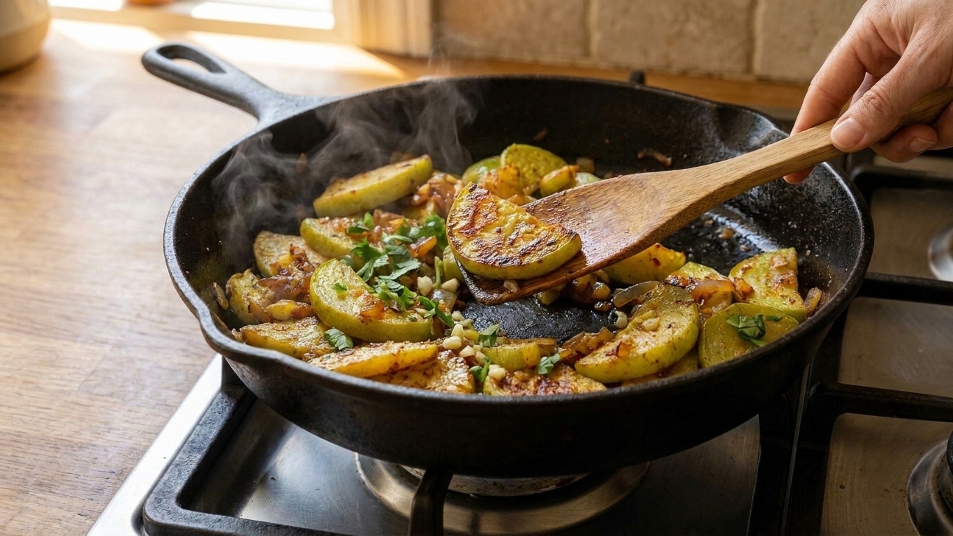 Chayote wedges browning in a skillet as they sauté, with a spatula lifting a piece to show golden edges