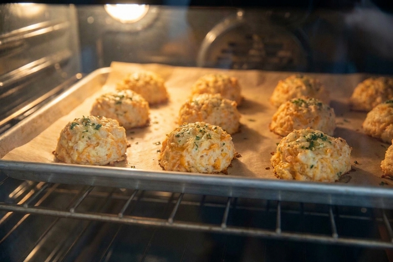 Cheddar garlic biscuits warming on a parchment-lined baking sheet in a home oven, golden tops visible under warm oven light
