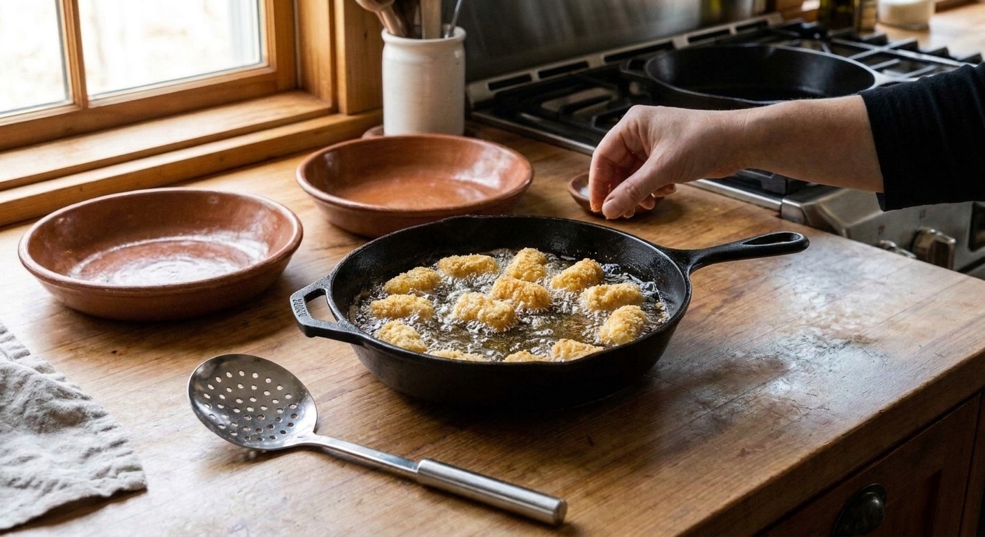 Cheese curds frying in bubbling oil in a deep skillet on a stovetop with a slotted spoon nearby
